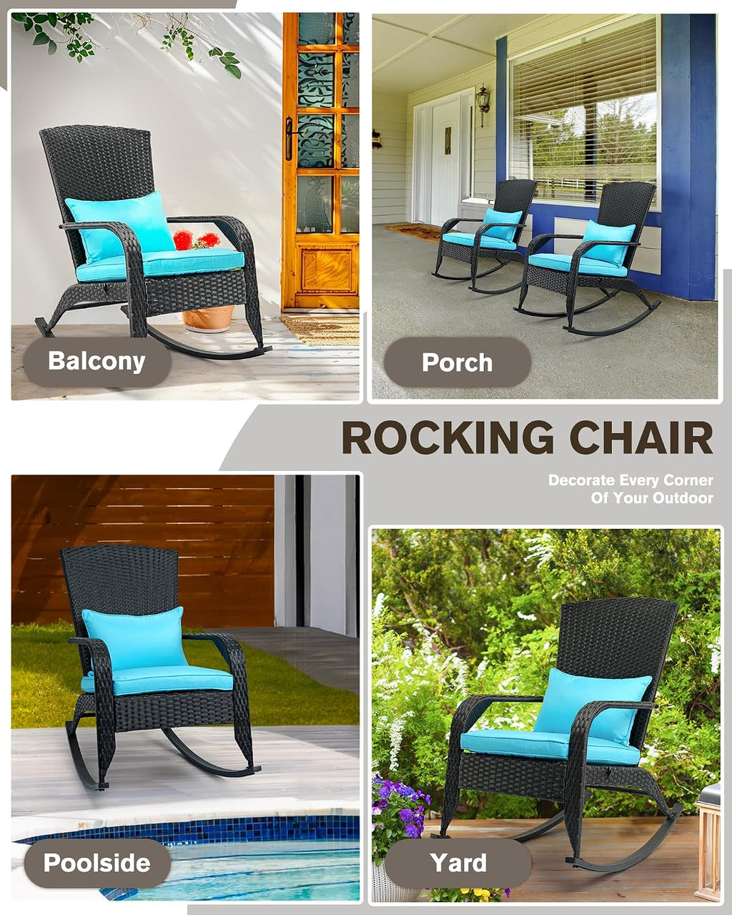 Outdoor Rocking Chairs Set of 2, Patio Rattan Rocker Chairs with Cushions & Steel Frame, All Weather Porch Rocking Chairs for Garden, Backyard, Poolside (Black Rattan & Teal Cushion, 320lbs)