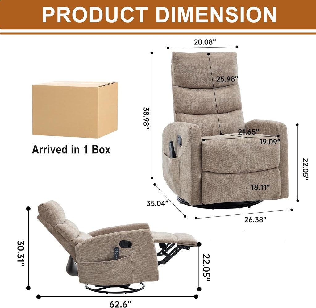 Manual Swivel Rocker Recliner Chair for Adults, Overstuffed Reclining Glider Chair for Nursing with Vibration Massage & Heat, Living Room Rocking Recliner 3-Stage backrest, Chenille Fabric Khaqi