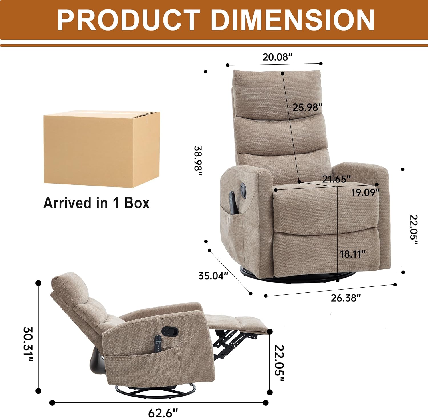 Manual Swivel Rocker Recliner Chair for Adults, Overstuffed Reclining Glider Chair for Nursing with Vibration Massage & Heat, Living Room Rocking Recliner 3-Stage backrest, Chenille Fabric Khaqi