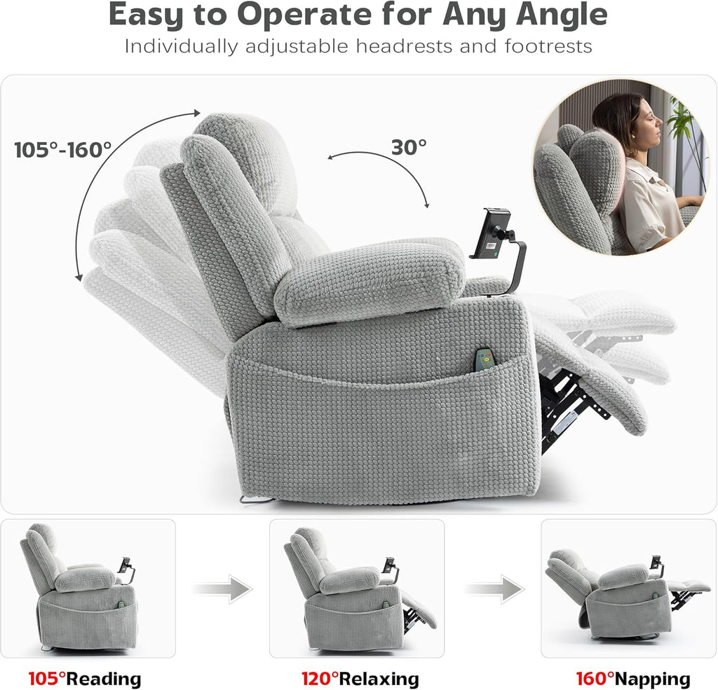 SINCRUMI Power Oversized Swivel Rocker Recliner with Dual Motor Adjustable Headrest for Adults, Glider Rocking Chair with Vibration and Heat, USB A&C Ports, Armrest Storage, Cup Holder, Light Grey