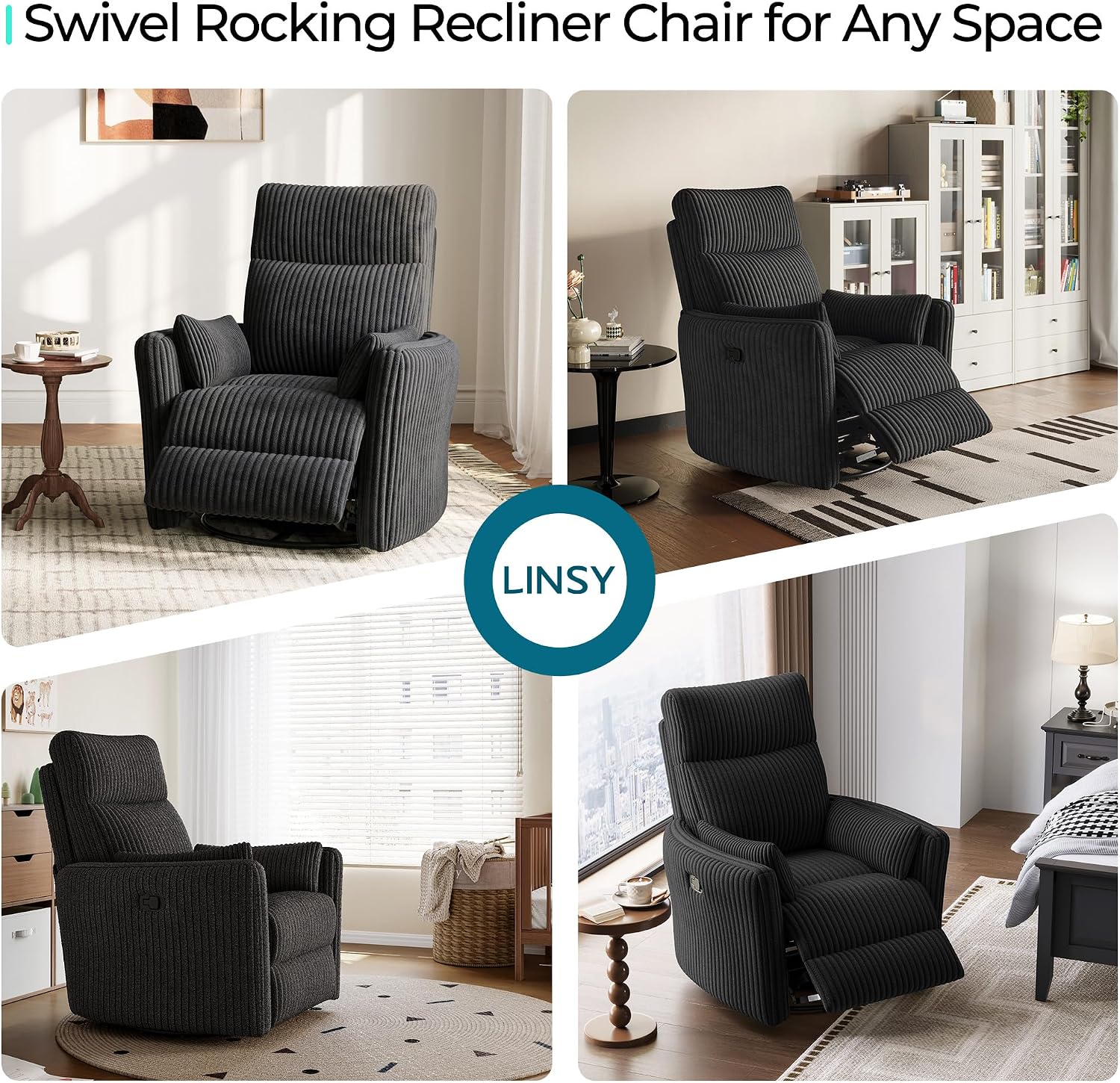 LINSY 360 Swivel Recliner Chair, Nursery Glider Rocking Chair with 2 Pillows, Corduroy Nursing Chair Comfy High Back Adult Rocker Recliner for Small Spaces, Nursery Bedroom Living Room (Black)