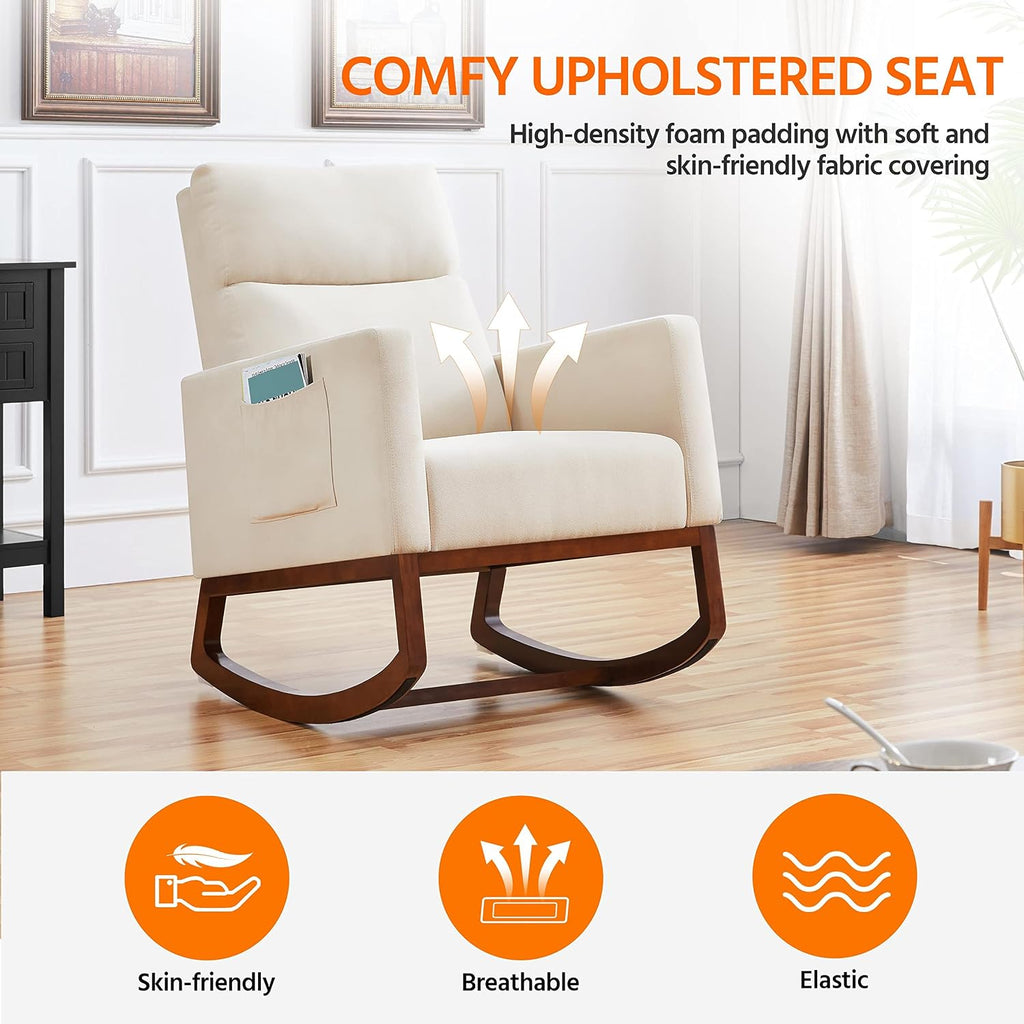 Yaheetech Rocking Chair Nursery Upholstered Glider Chair with Rubber Wood Legs Side Pocket, Rocking Accent Armchair High Back for Living Room Bedroom, Beige, 2pcs