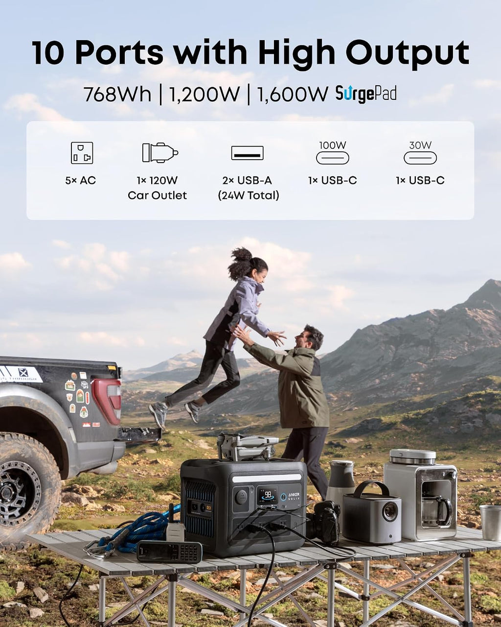 Anker SOLIX C800X Portable Power Station with 100W Solar Panel, 1200W Solar Generator with Camping Lights, 768Wh LiFePO4 Battery for Outdoor Camping, RVs, Road Trip, and Power Outages
