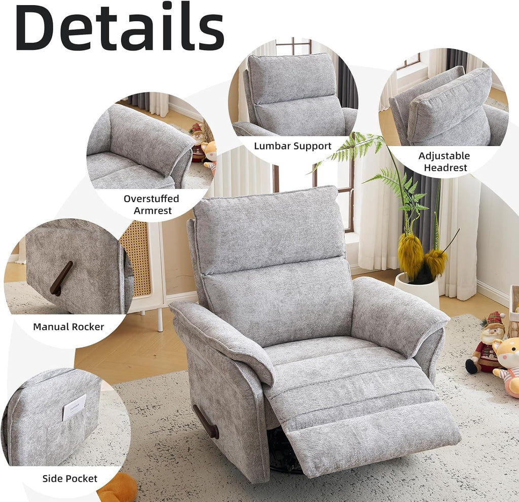 Oversized Glider Rocker Recliner, 26' Extra Wide 360° Swivel Nursery Recliner with Adjustable Headrest, Chenille Rocking Nursery Chair with Overstuffed Armrest, Lumbar Support, Light Grey