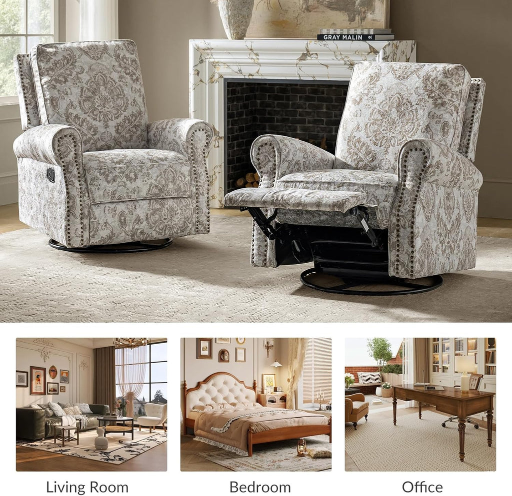 HULALA Home Swivel Rocker Recliner Set of 2, Modern Printed Fabric Swivel Recliner Chair for Adults Glider with Adjustable Backrest & Footrest, Beige