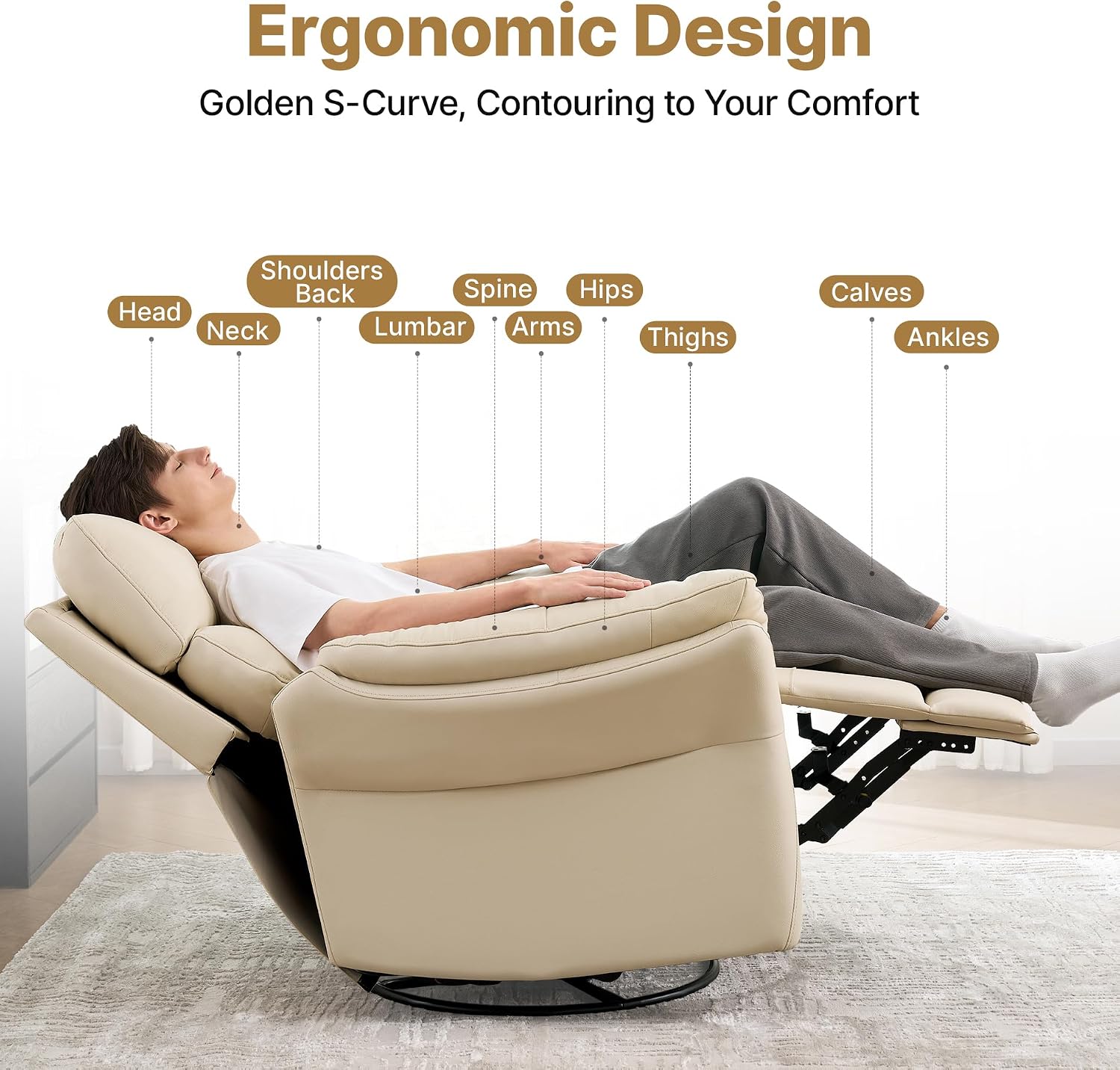 AIRSKY Swivel Rocker Recliner Oversized,Top-Grain Leather Recliner,Lazy Boy Recliner Chair,Single Sofa for Living Room Nursery,Glider Rocking Chair for Reading,Bedroom,Beige,R1 PRO