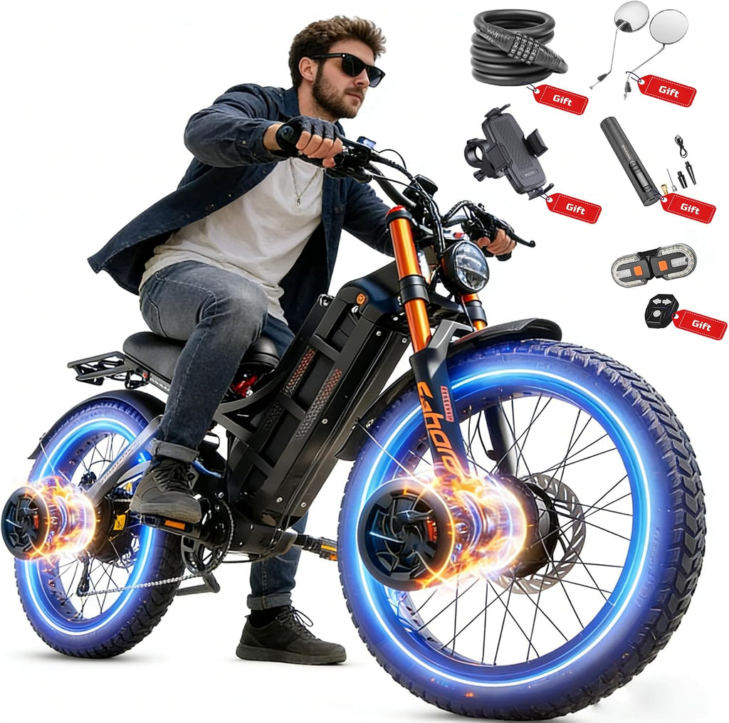 eAhora 2026 Romeo Pro3/2 50/46Mph Ebike 5600/4000W Dual Motor 200+Miles Electric Bike for Adults, 52V/70Ah 60V/80Ah Long Range 26 * 4.0' Fat Tire Full Suspension Electric Mountain Bike