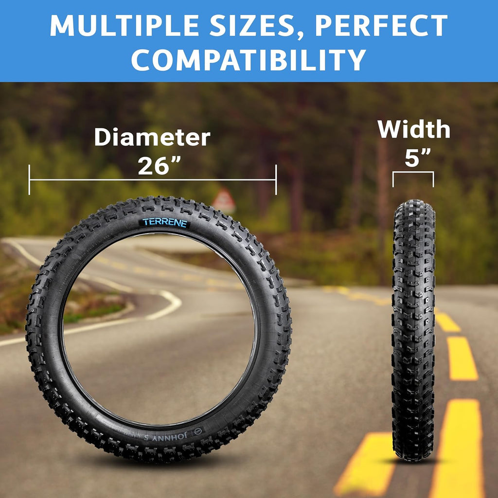 Johnny 5 Fat Bike Tire for Bicycle by Terrene - 26 Inch Bike Tires for Winter Landscapes - 120 TPI Bike Wheel with Aramid Bead for Fat Tire Bike - Bicycle Accessories for Adult Bikes