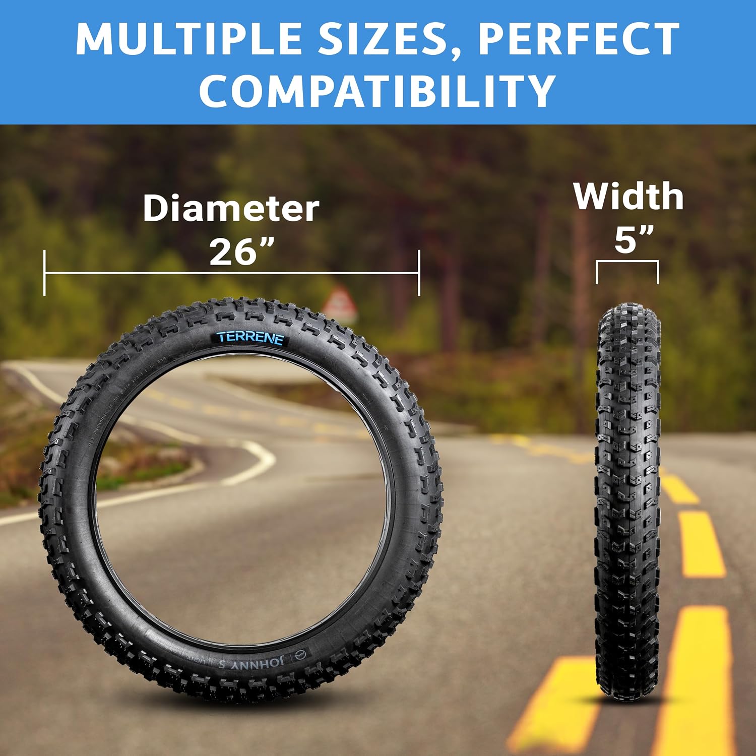 Johnny 5 Fat Bike Tire for Bicycle by Terrene - 26 Inch Bike Tires for Winter Landscapes - 120 TPI Bike Wheel with Aramid Bead for Fat Tire Bike - Bicycle Accessories for Adult Bikes