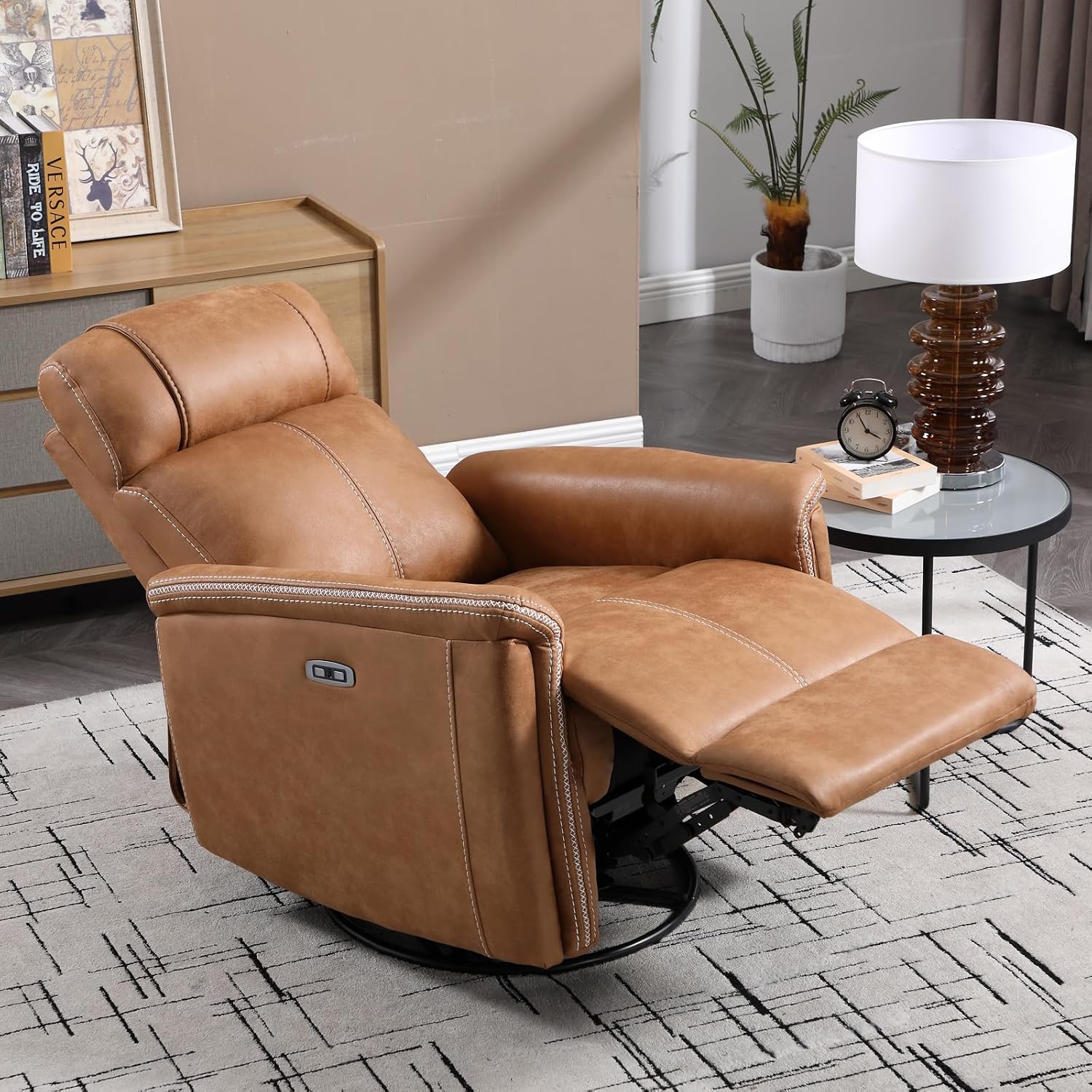 CANMOV Faux Leather Power Swivel Rocker Recliner,Glider Recliner for Nursery,Electric Swivel Rocker with USB Port,Upholstered Nursery Glider Reclining Sofa for Living Room,Brown1