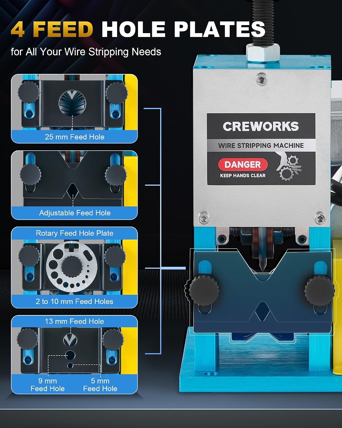 CREWORKS 180W Electric Wire Stripper Machine, 0.06'-1' Automatic Wire Stripping Machine, Wire Stripping Tool for 1.5-25 mm Scrap Wire, 5 Channel Copper Wire Stripper Tool for Leftover Cable Recycling