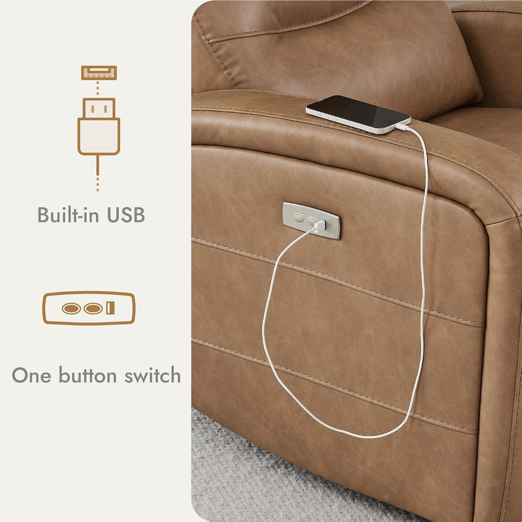 Watson & Whitely Swivel Power Recliner Glider Rocker, Small Recliner with Charging Port for Living Room, Faux Leather in Camel