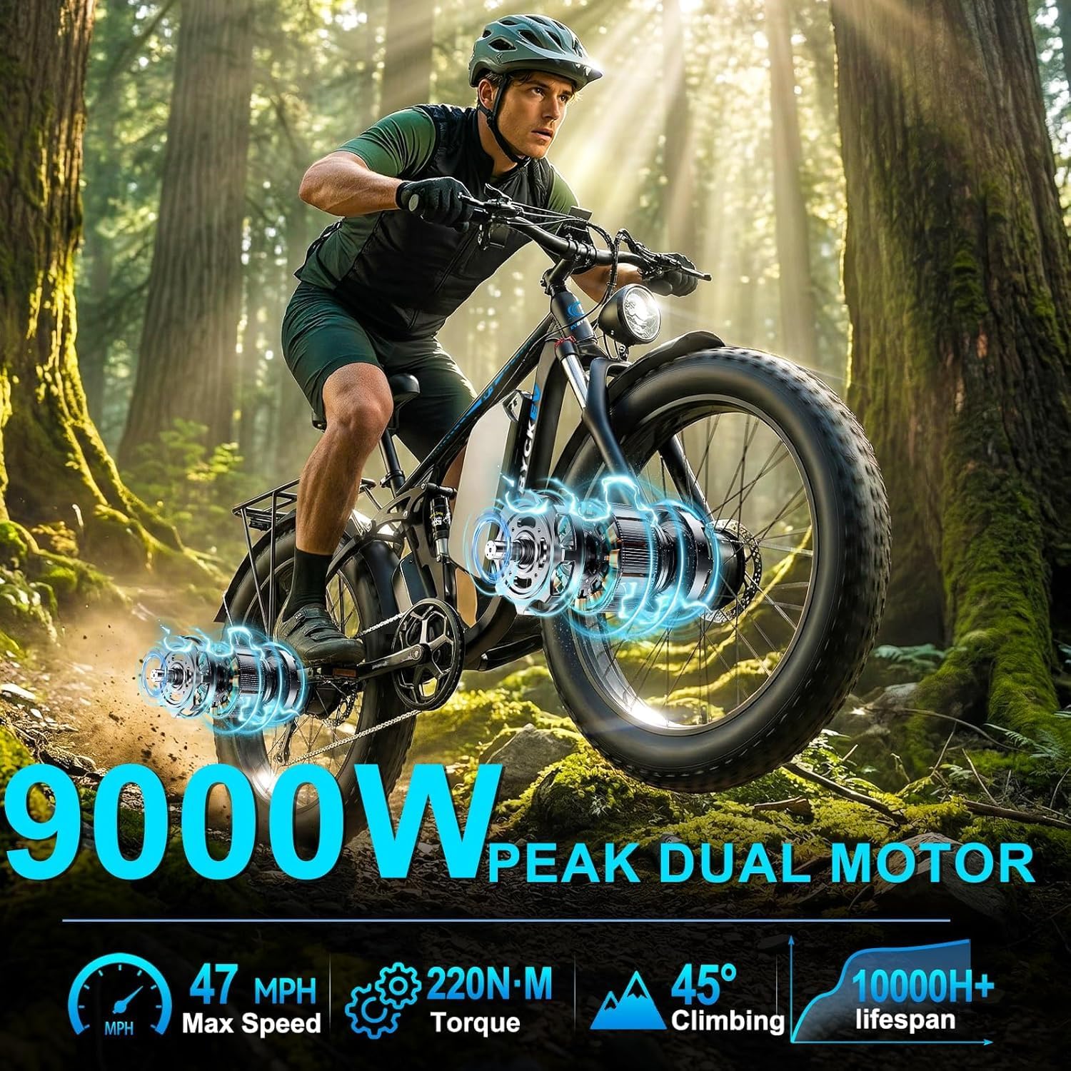 9000W Peak Electric Bike for Adults,58V Max-Output 1856Wh Dual Motor Ebike,34Ah Battery 47MPH Up to 105Miles Fast 24' x4.0 Fat Tire Ebike,Full-Suspension Mountain E-Bike for Beach Snow