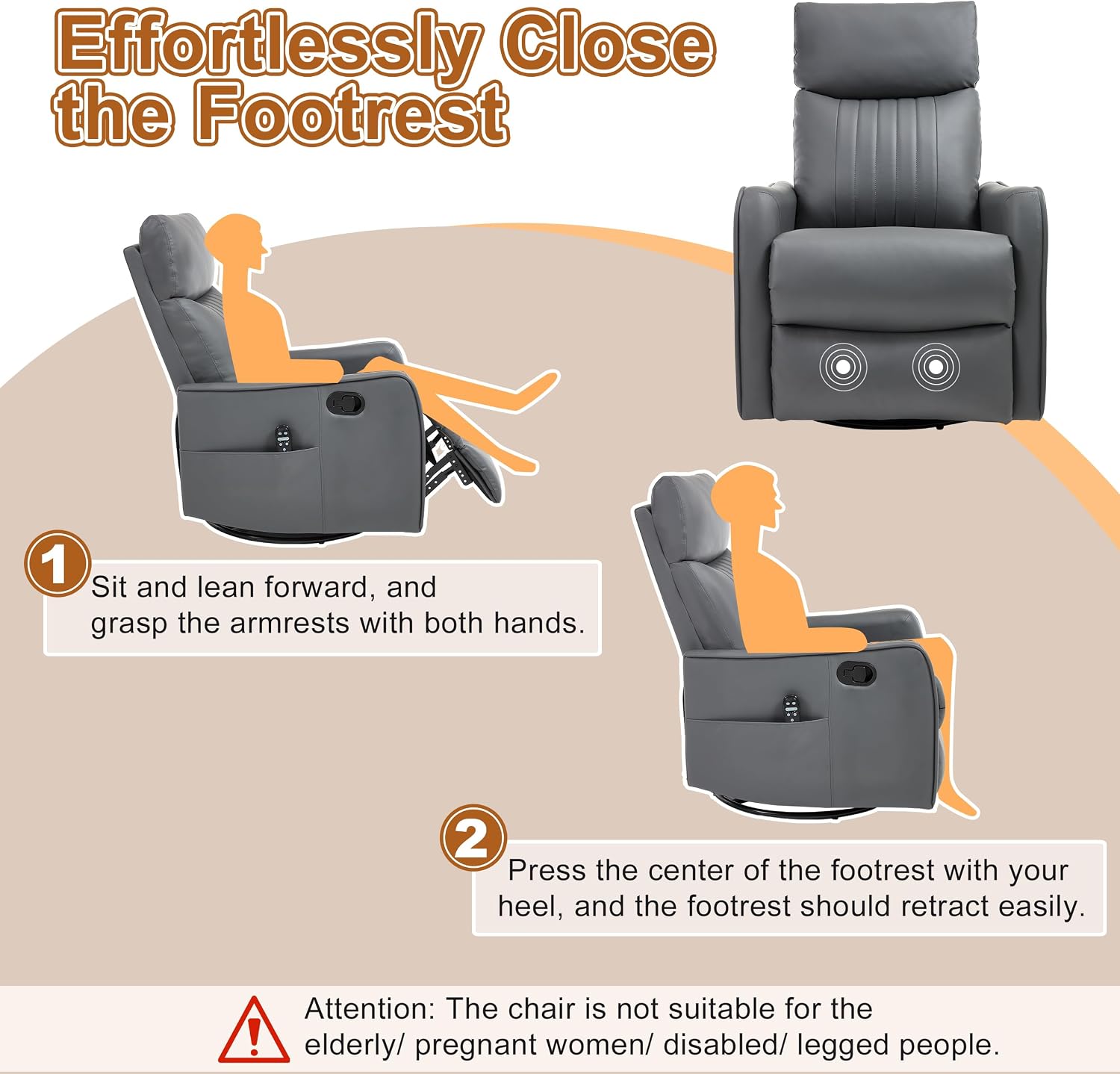 Manual Swivel Rocker Recliner Chair for Adults, Overstuffed Recliner Glider with Massage and Heat, Living Room Reclining Chair, PU Leather Gray