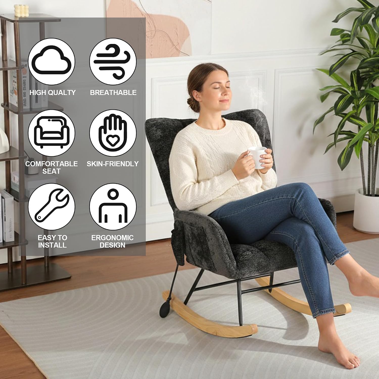 Rocking Chair Nursery with Airbag, Nursery Rocking Reading Chair Indoor, Cozy Upholstered Glider Rocker Chairs with High Backrest for Living Room Bedroom Offices(Chenille, Black)