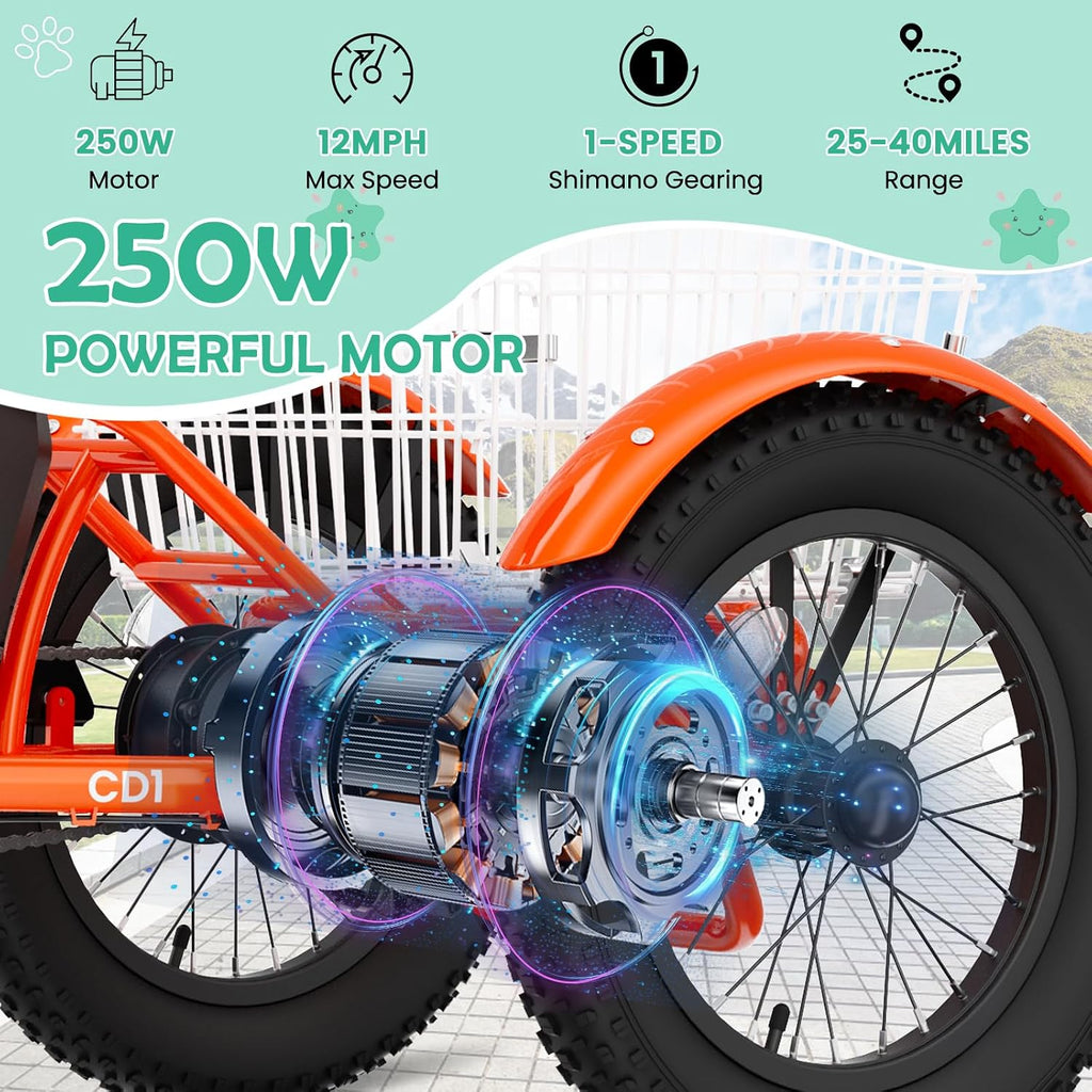 LILYPELLE Electric Tricycle for Youth, 250W Aluminum Frame Electric Tricycle Etrike, 16IN 3 Wheels Electric Bicycle Bikes, 3.0 Fat Tire Electric Trike with Removable Battery and Rear Basket