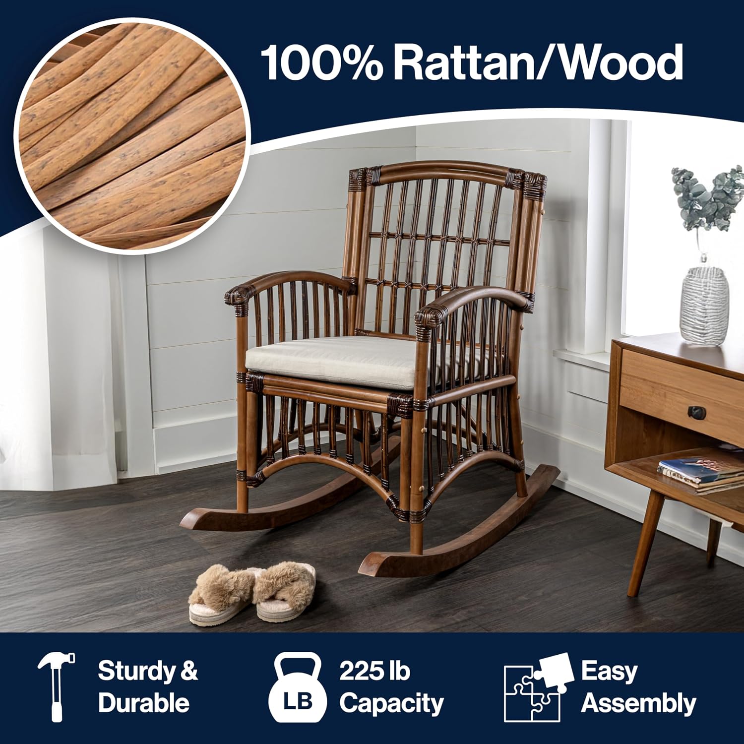 JONATHAN Y RCK200A Swayze Bohemian Farmhouse Woven Rattan/Wood Rocking Chair White Cushion with Brown Frame for Home, Living Room, Bedroom. Guestroom, Foyer, Library