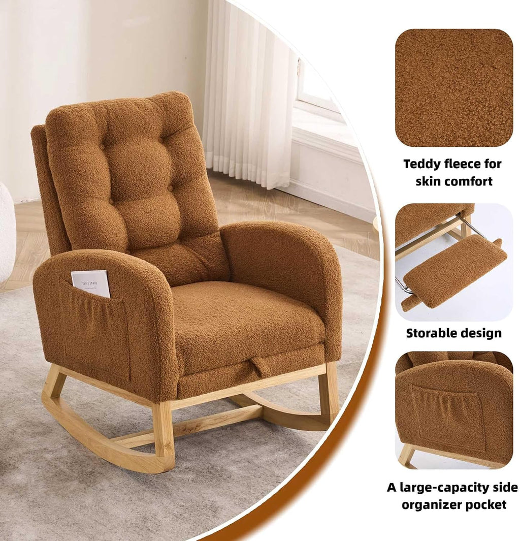 Nursery Rocking Chair with Foot Rest & Side Pocket, 300lbs Capacity, Rocking Chairs with High Backrest, Suitable for Living Room Bedroom, Comfort (Caramel)