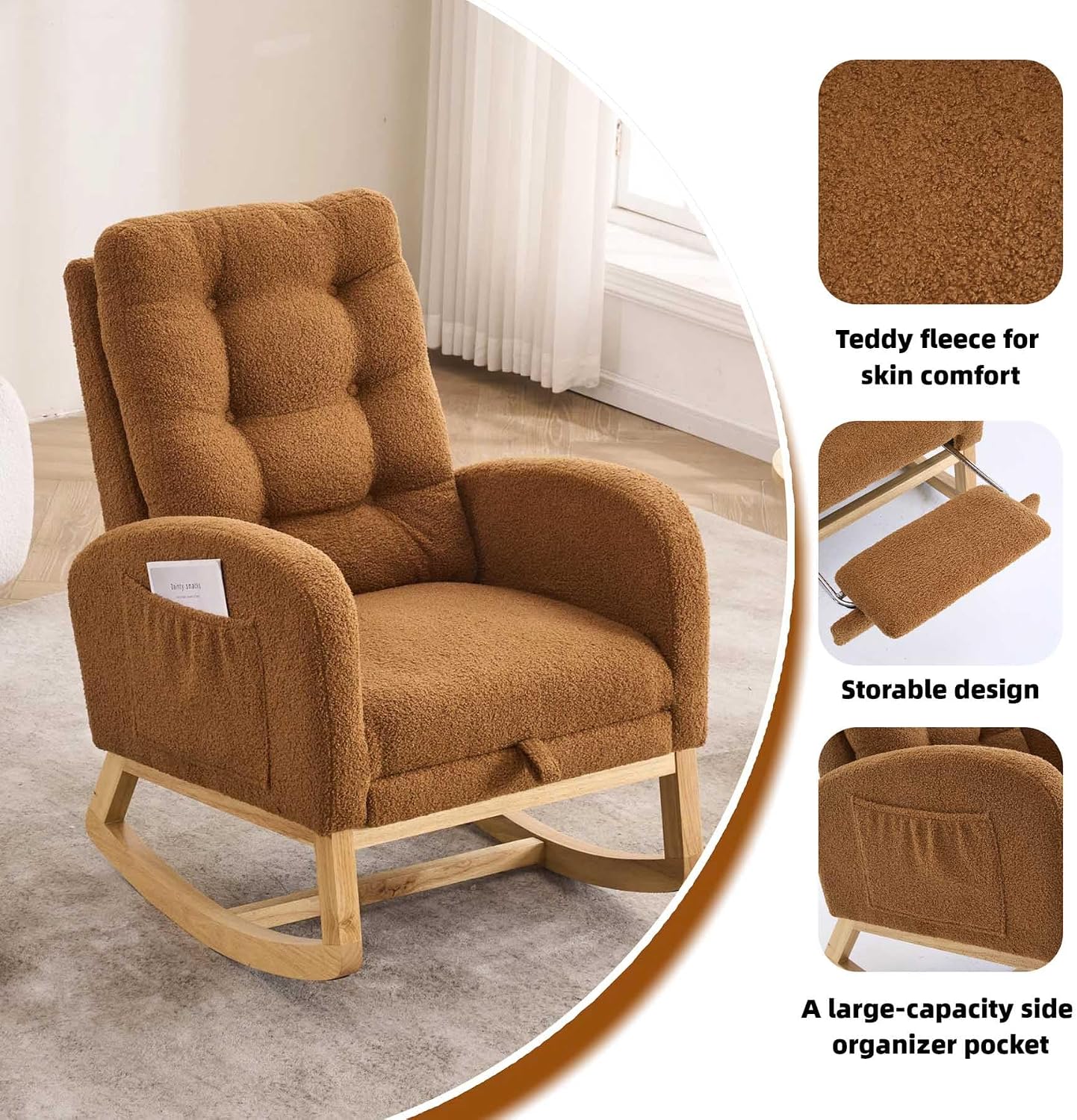 Nursery Rocking Chair with Foot Rest & Side Pocket, 300lbs Capacity, Rocking Chairs with High Backrest, Suitable for Living Room Bedroom, Comfort (Caramel)