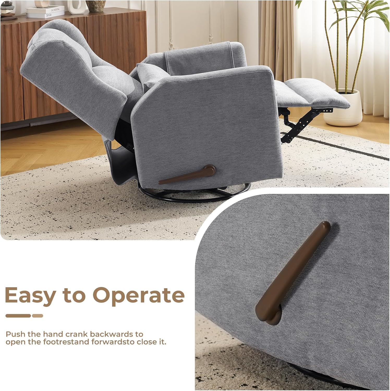 Large Glider Rocker Recliner,Rocking Chair Nursery with Adjustable Headrest,Swivel Rocker Recliner with Lumbar Support,Manual Nursery Rocker Recliner for Living Room& Bedroom,Grey