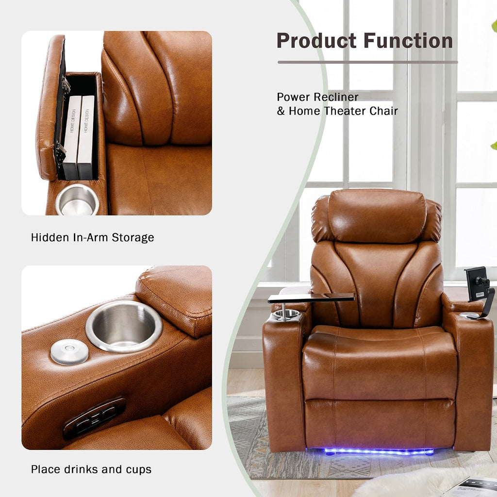 JIVOIT Power Motion Recliner Electric Power Recliner with Hidden Arm Storage, Cup Holder, Phone Holder, Tray Table, Faux Leather Rocker Chair for Small Spaces (Light Brown/78)