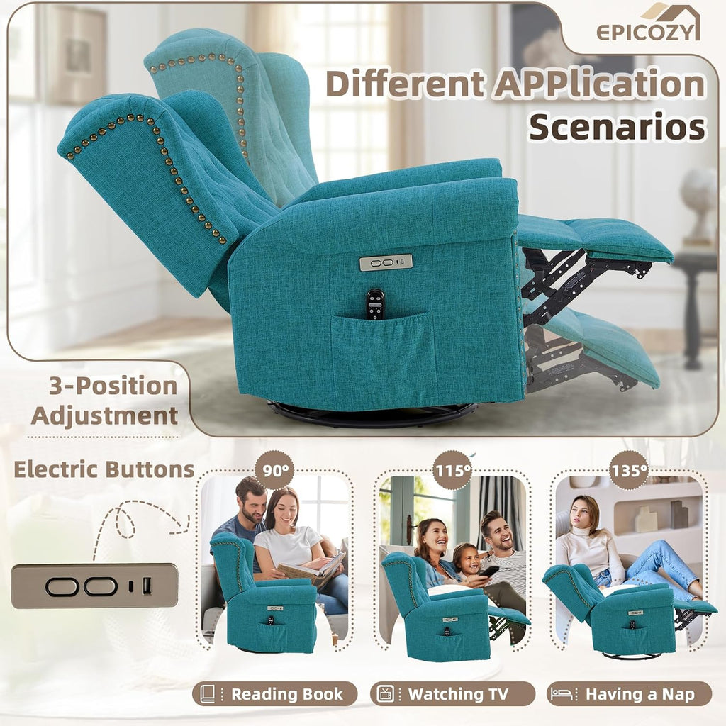 Power Swivel Rocking Glider Recliner Chair with Massage and Heat, Electric Nursery Glider Rocker for Living Room, Wingback Tufted Upholstered Recliner Chair with Type-C & USB Ports, Teal