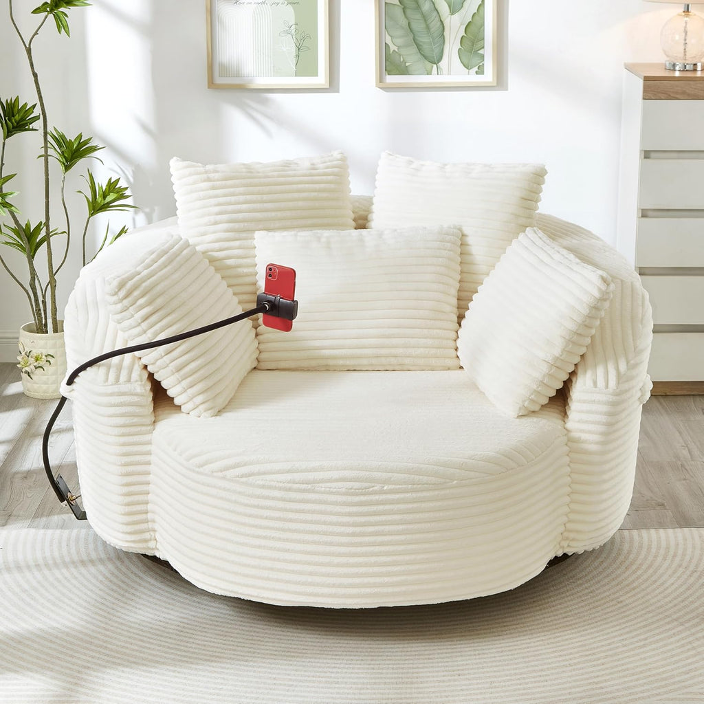 JIVOIT 360° Swivel Accent Chair with 5 Throw Pillows, Adjustable Phone Holder, Corduroy Fabric Round Sofa Chair Barrel Chair with Semi-Wraparound Design for Living Room, Office and Hotel (Beige,1)