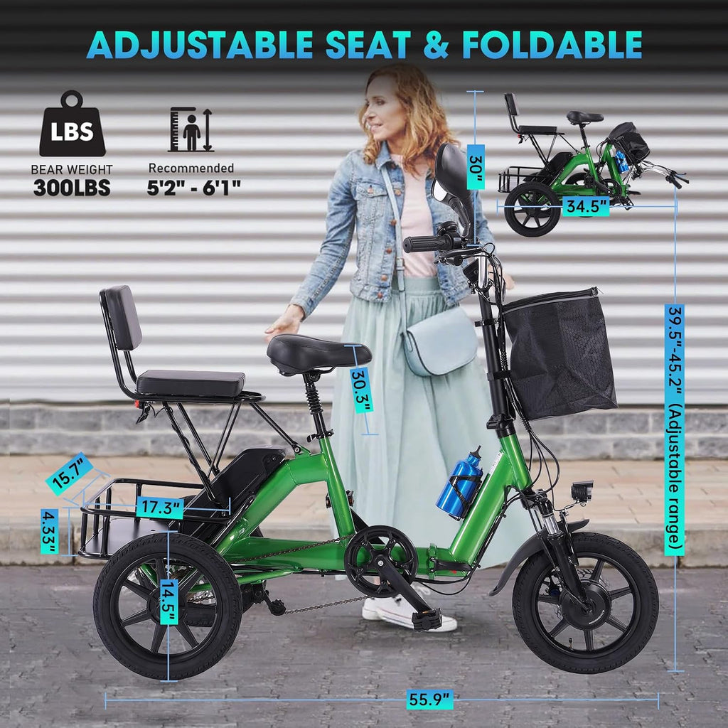 E Trike Electric Bike, 350W(Peak 500W) Brushless Motor Folding Trike, 2 Seats Ebike, 480Wh Removable Battery, Step-Thru 3 Wheel Electric Bicycle, Up to 45 Miles, Tricycle for Adults Parents