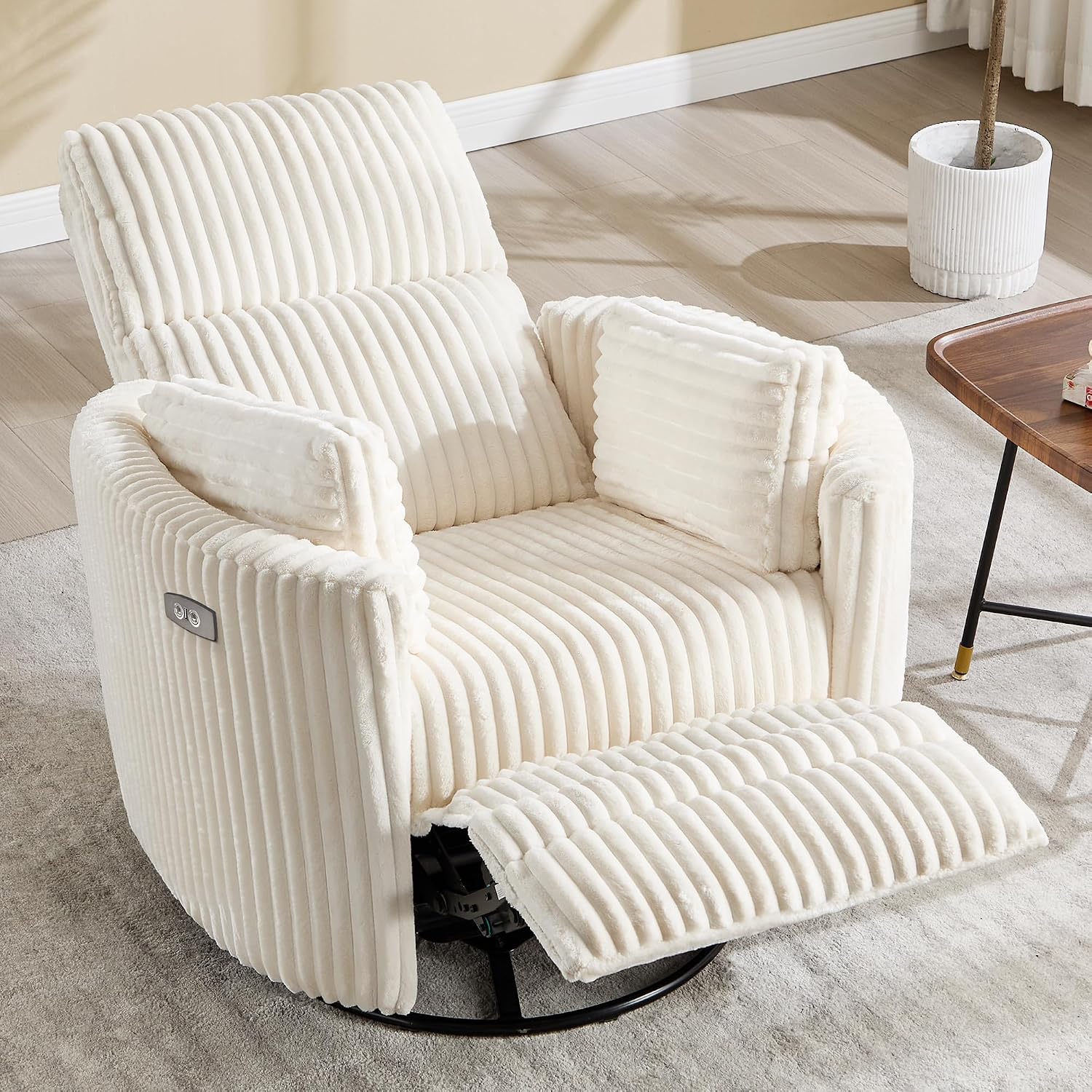Power Recliner,Nursery Swivel Glider Rocking Chair with USB Port,Upholstered Adult Electric Recliner Rocking Chair with 2 Pillows for Living Room Bedroom (Beige Corduroy, Power-Driven)