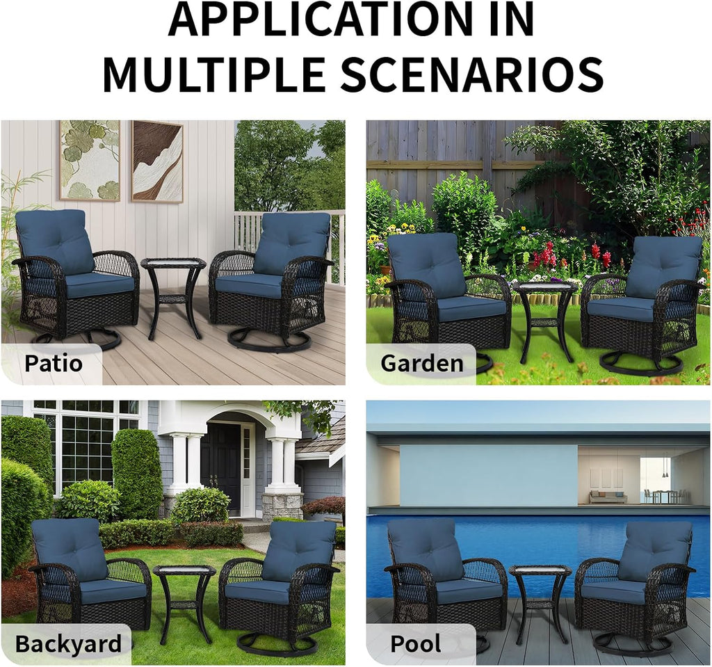 YLGJ&TIDY 3 Pieces Outdoor Swivel Rocker Patio Chair Set Wicker Patio Swivel Chairs with Side Table Cushions High Back Front Porch Rocking Chairs for Patio Balcony Backyard Deck, Blue