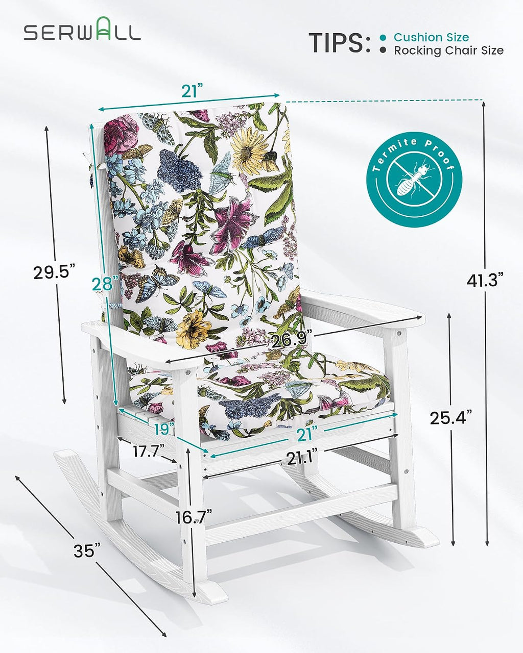 SERWALL SEWALL Oversized Outdoor Rocking Chair with Cushion, Patio Rocking Chairs for Porch, White HDPR Rocker+Flower Cushion