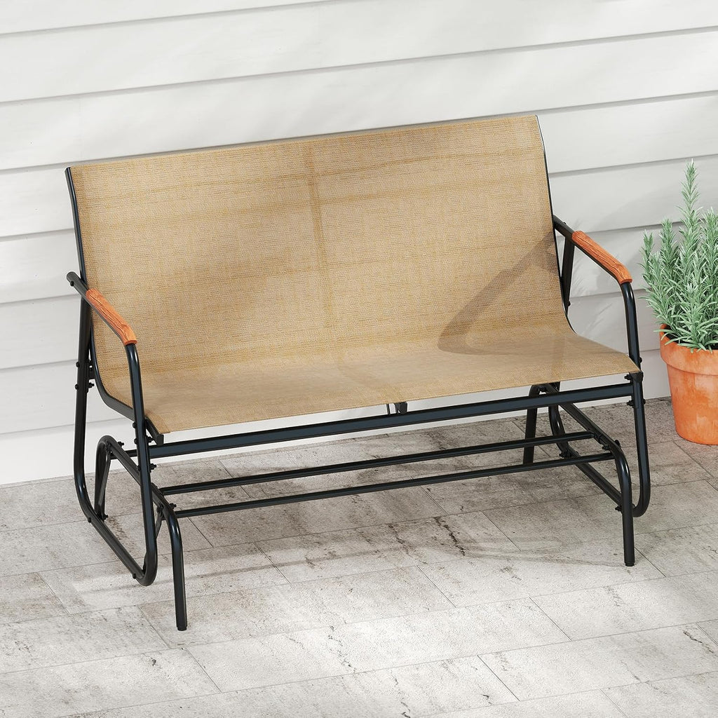 Tangkula 2-Person Outdoor Glider Bench, Patio Gliding Loveseat with Breathable Fabric Seat, Curved Teak Wood Armrests and Metal Frame, Swing Rocking Chair for Backyard, Garden, Porch, Balcony (2 Seat)