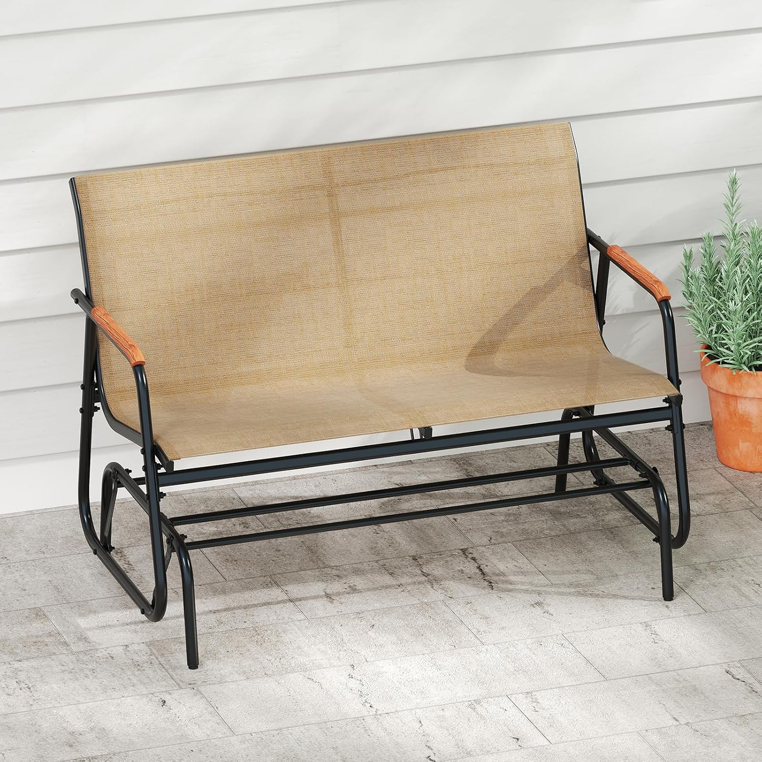 Tangkula 2-Person Outdoor Glider Bench, Patio Gliding Loveseat with Breathable Fabric Seat, Curved Teak Wood Armrests and Metal Frame, Swing Rocking Chair for Backyard, Garden, Porch, Balcony (2 Seat)