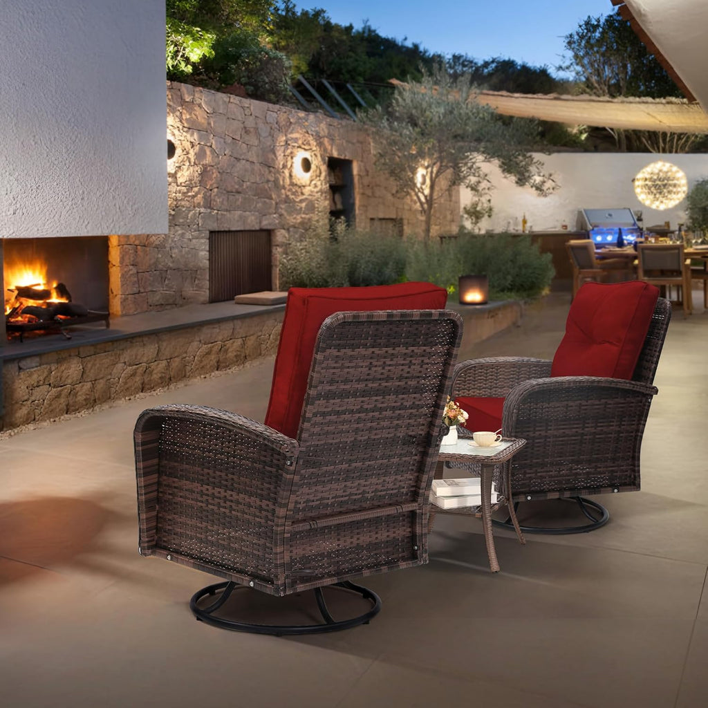 wildformers Luxury Outdoor Swivel Wicker Glider Patio Chairs with Table Set, Overstuffed Washable Cushions, Ideal for Porch, Balcony, Deck, Brown Rattan and Red Cushion