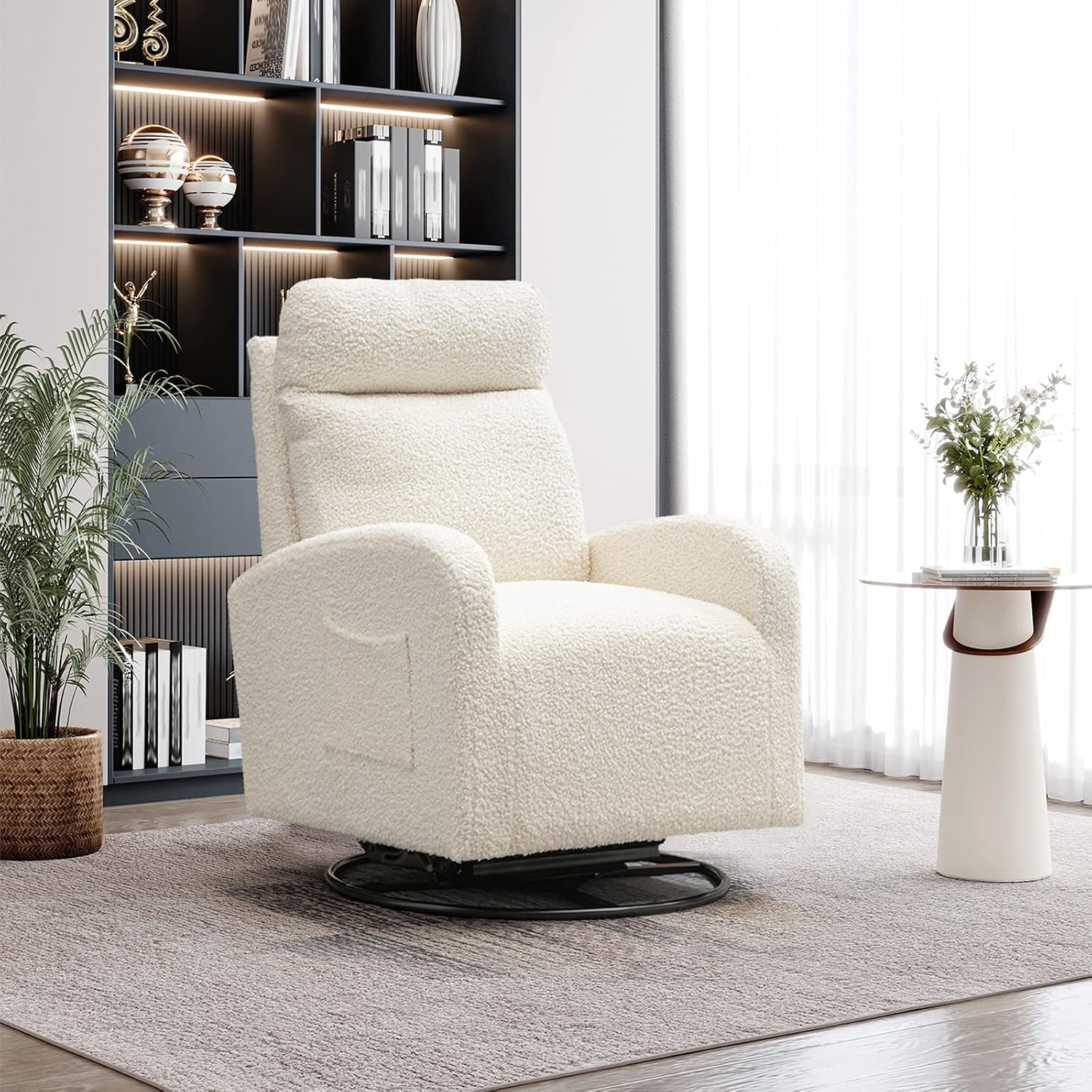 Modern Swivel Glider Chair, Upholstered Accent Glider Rocker for Baby Nursery, Comfy Tall Back Rocking Armchair with Side Pocket and Headrest for Living Room, Bedroom, White Teddy Fabric