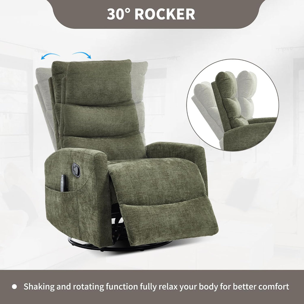 PELUMY 360° Swivel Rocker Recliner with Heat & Vibration Massage, Glider Rocking Chair for Adults, Compact Recliner for Living Room, Small Spaces, Nursery, Bedroom (Chenille, Green)