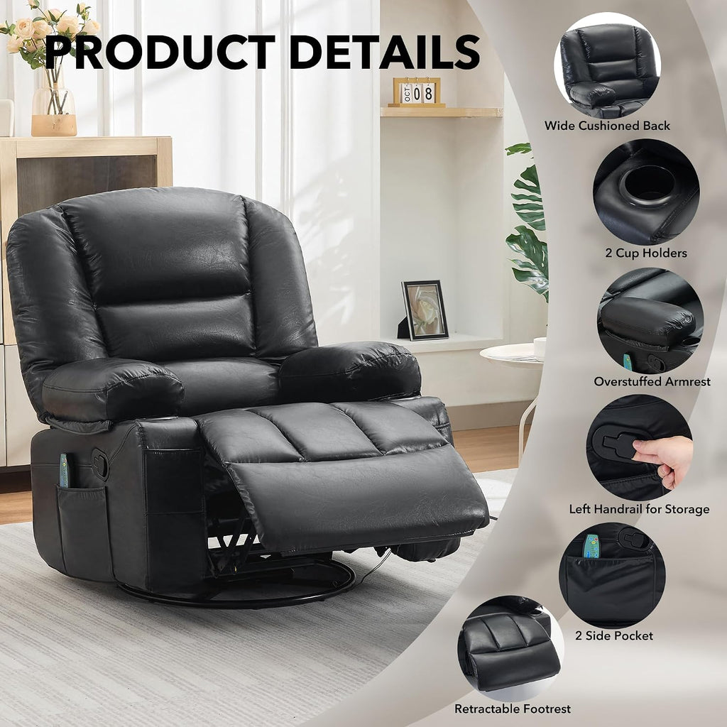 Rocker Recliner Chair with Heat and Massage,Nursery Recliner 360° Swivel Oversized Chairs for Adults,PU Leathe Lazy Boy Single Sofa Seat with 3 Positions, Side Pockets,Cup Holders for Living Room