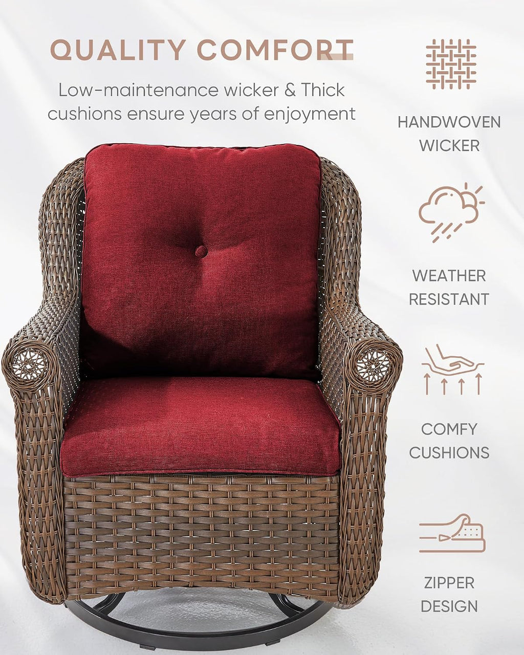 Patio Chairs Outdoor Swivel Glider - Set of 2 High Back Outside Brown Wicker Rattan Rocking Chair with Thick Cushion for Porch Apartment Deck Yard Poolside Garden - Red