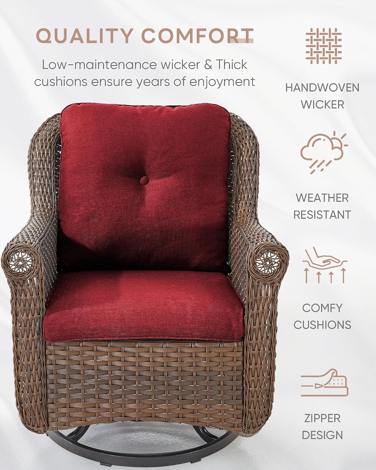 Patio Chairs Outdoor Swivel Glider - Set of 2 High Back Outside Brown Wicker Rattan Rocking Chair with Thick Cushion for Porch Apartment Deck Yard Poolside Garden - Red