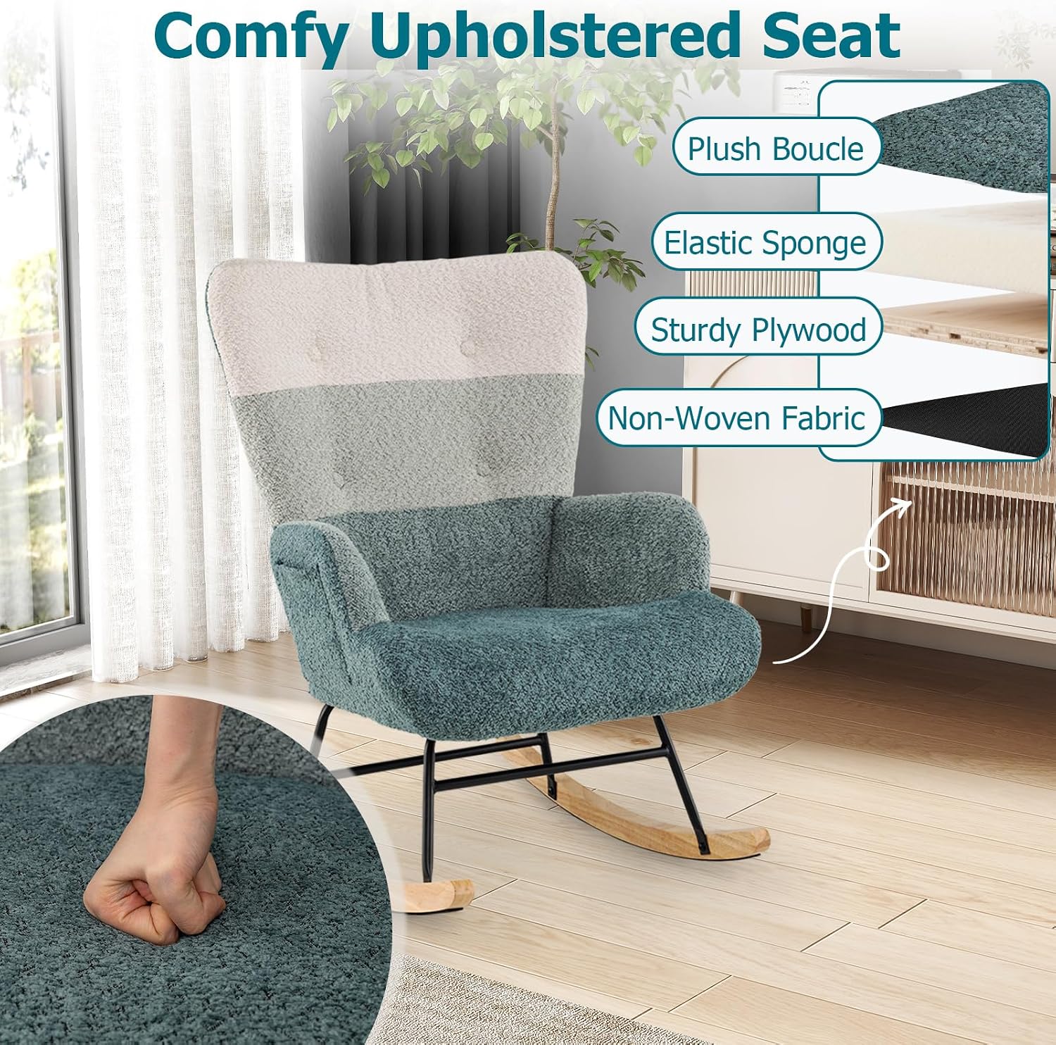 Moccha Nursery Rocking Chair, Teddy Upholstered Glider Rocker with High Backrest, Rubber Wood Legs & Side Pocket, Comfy Armchair Side Chair for Living Room Bedroom (1, Striped Green)