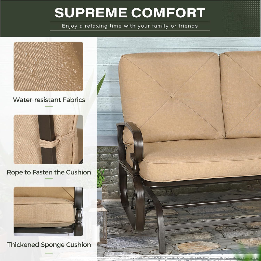 Crownland Outdoor Patio Glider Chair, Rocking Glider Bench for 2 Person, Porch Furniture Loveseat Seating, Wrought Iron Patio Gliders for Outside, Porch, Garden(Brown)