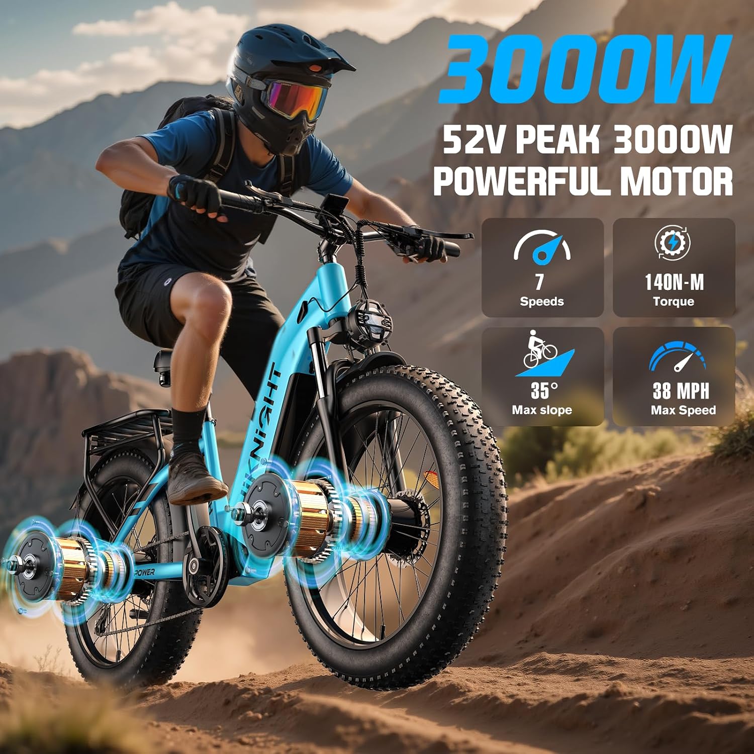 Dual Motor Ebike, 3000W Electric Bike for Adults, 52V 20Ah 26' Fat Tire Fast Ebike Max 38 Mph, up to 90 Miles, Off-Road Mountain E-Bike for Men Women, Step-Through Design