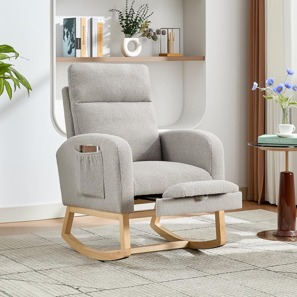 Teddy Fabric Nursery Rocking Chair with Adjustable Footrest, Two Side Pockets & Solid Wooden Legs - High Backrest Comfortable Lounge Armchair for Nursery, Living Room, Bedroom,Gray.