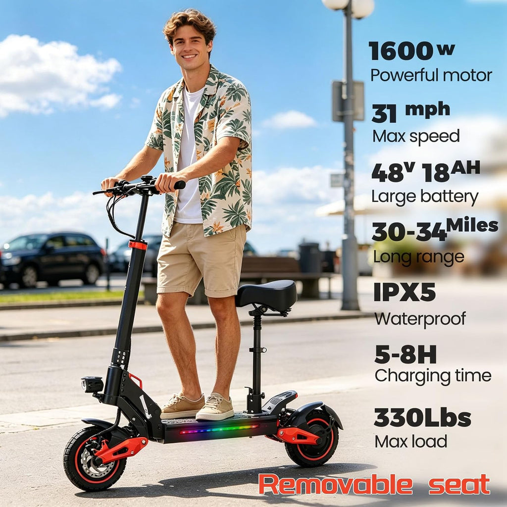 Electric Scooter for Adults Teens - 1600W EScooter Up to 31MPH & 32-34Miles Long-Range Foldable Scooter for Commuting with Double Braking,10.5' Offroad Tires Adult electricscooter