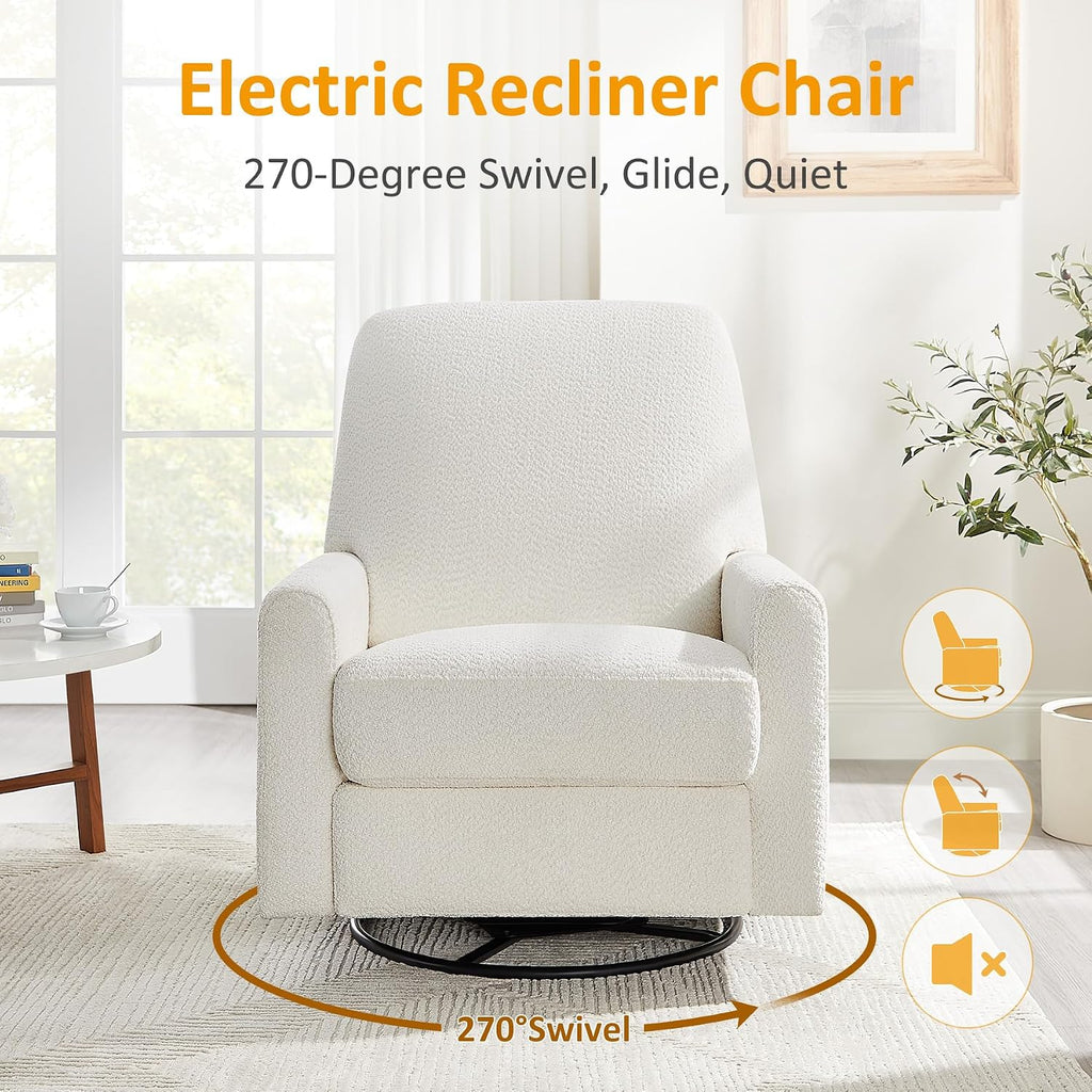 VANOMi Power Recliner Chair, 270° Swivel Nursery Chair with USB Charging Port Comfy Boucle Glider Rocking Chairs for Living Room, Nursery, Bedroom, White