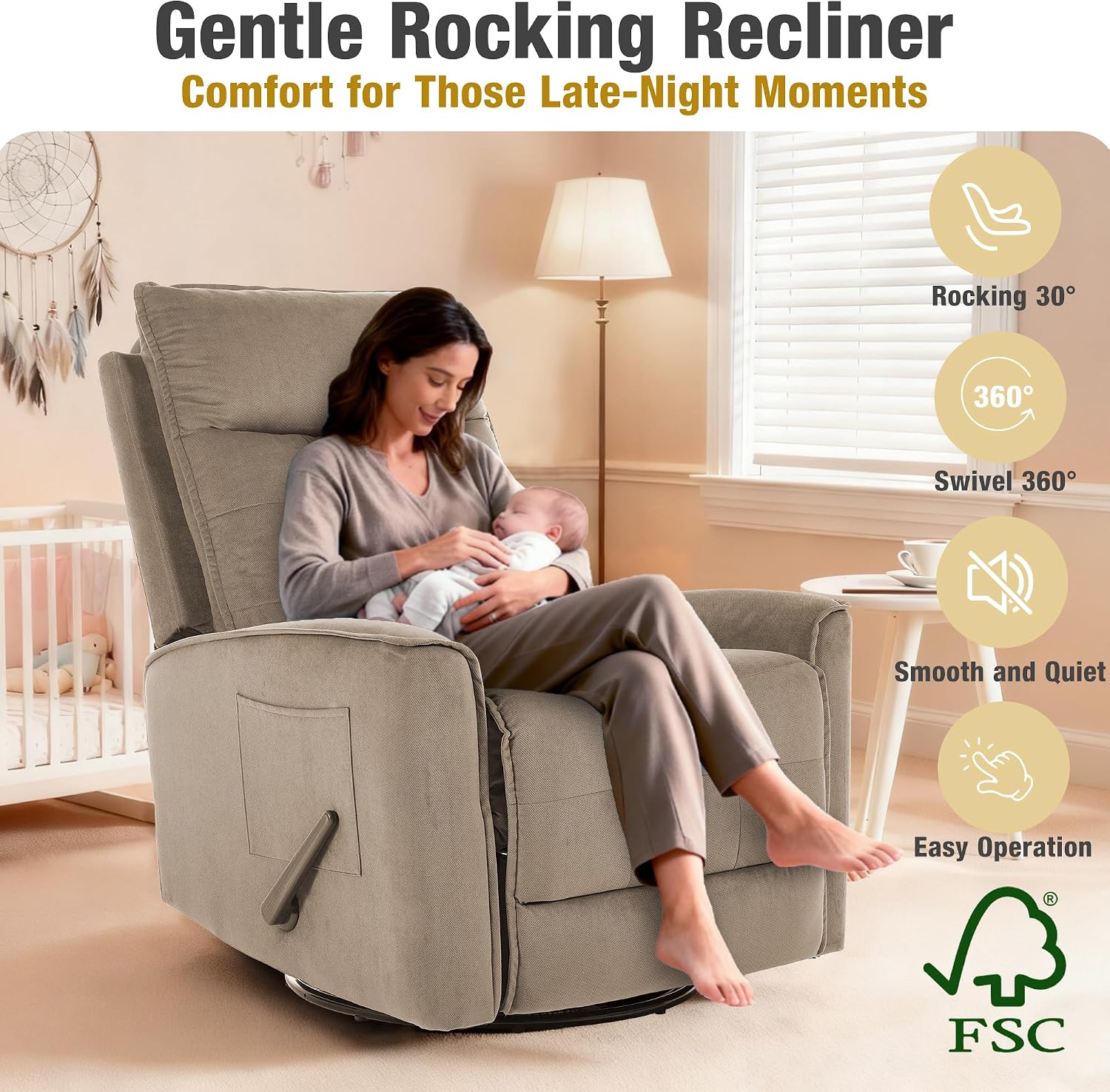 Swivel Rocker Recliner Chair for Adults, Glider Rocking Chair for Nursery, Small Recliner Chair for Small Spaces, RV, Living Room(Brown)