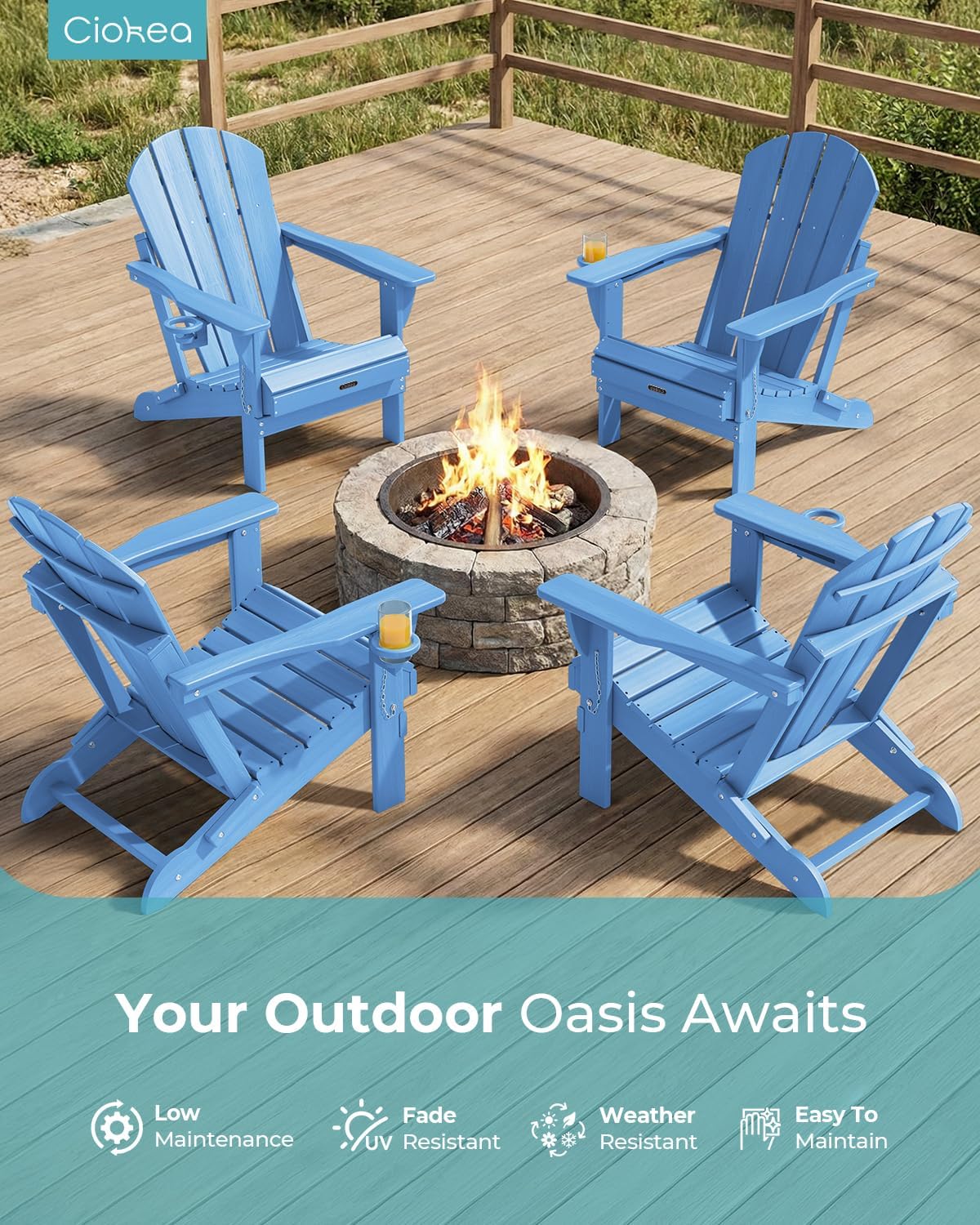 Ciokea Folding Adirondack Chair Wood Texture, Patio Adirondack Chair Weather Resistant, Plastic Fire Pit Chair with Cup Holder, Lawn Chair for Outdoor Porch Garden Backyard Deck, Baby Blue
