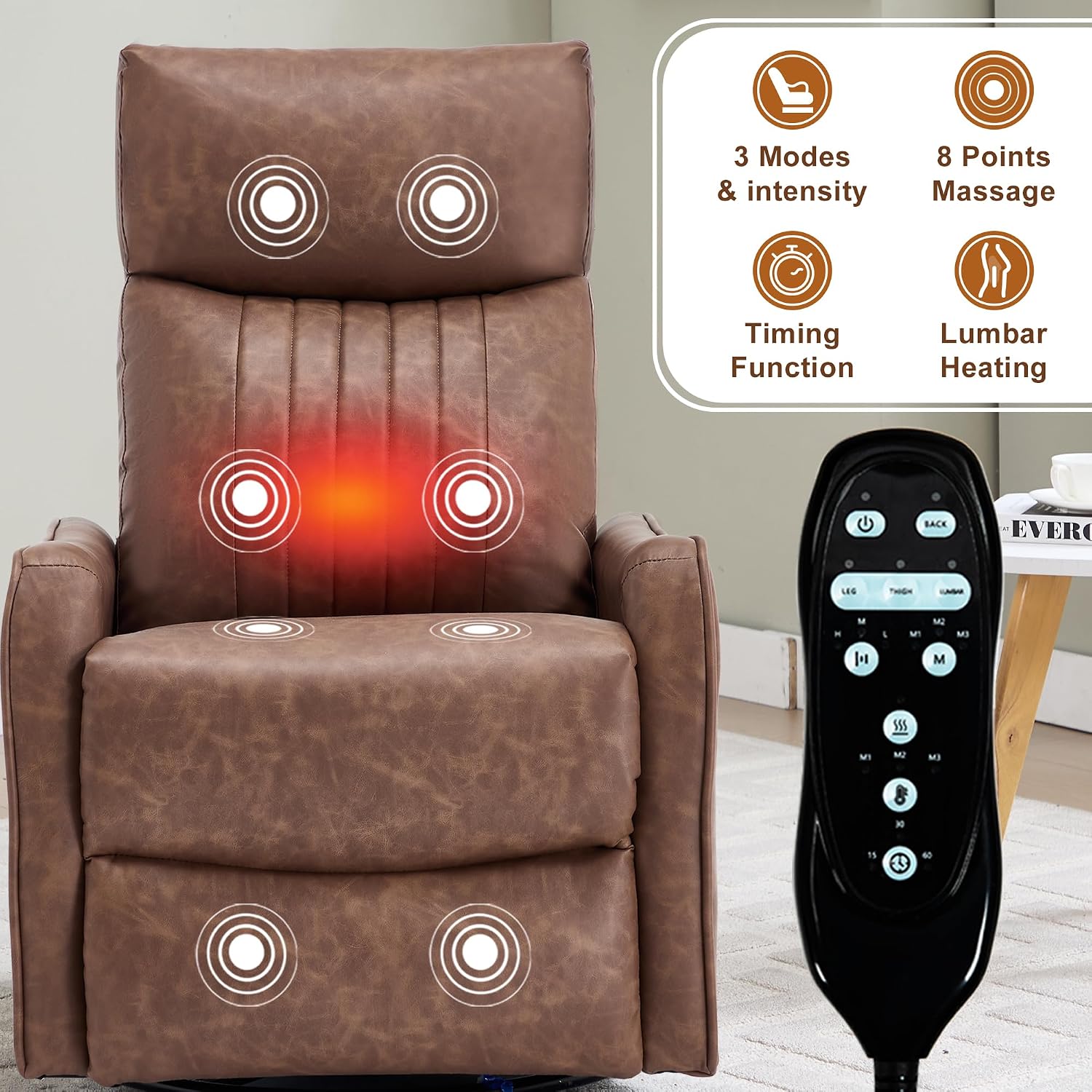 cinkehome Swivel Rocker Recliner, Glider Rocker Recliner Chair for Nursery, Manual Reclining Chair with Heated Massage, Small Spaces, Living Room, Faux Leather Light Brown