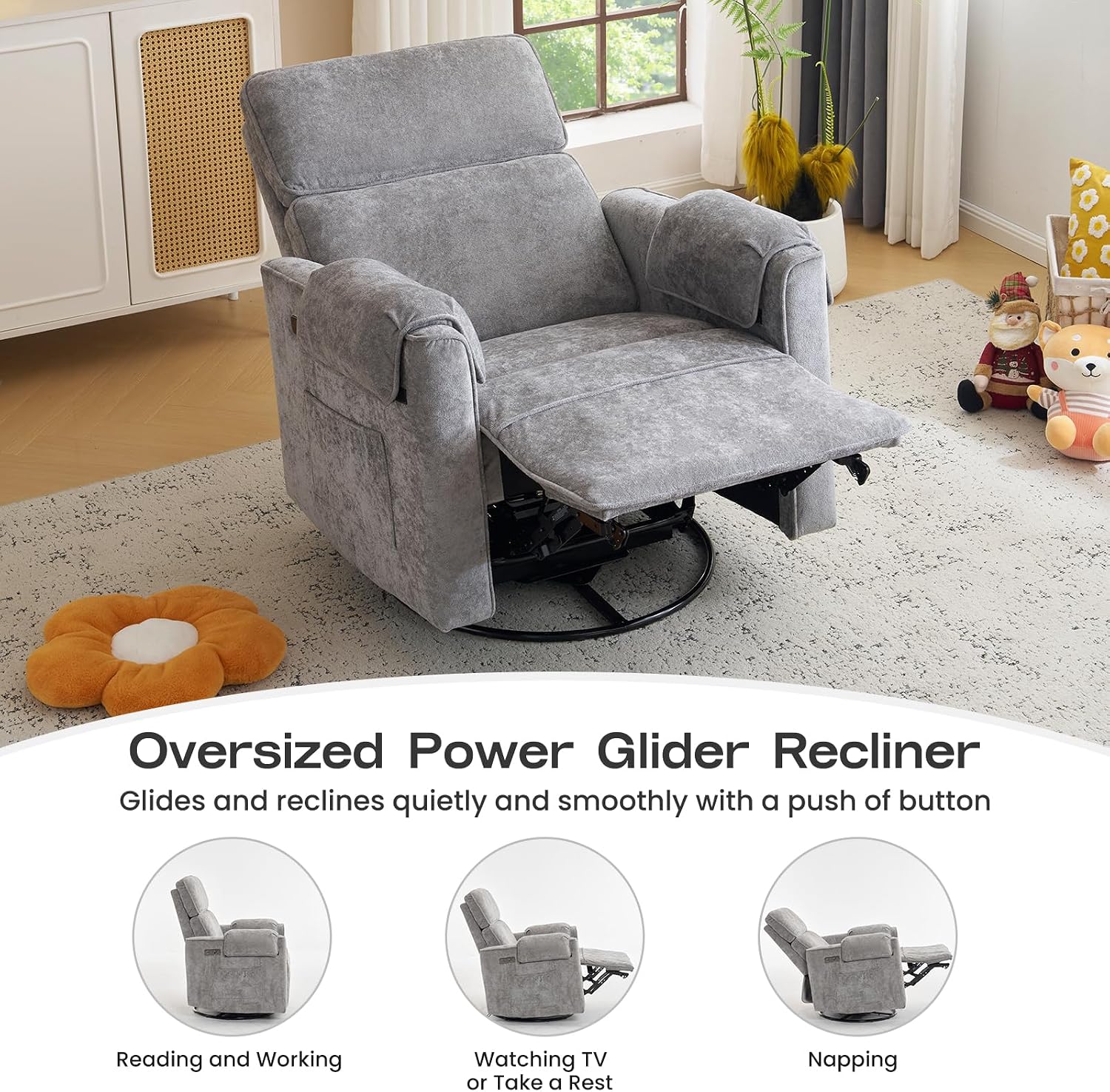 Oversized Power Recliner Chair with Adjustable Headrest, Swivel Rocking Recliner for Adults, 26' Extra Wide Glider Nursery Chair with Overstuffed Armrest for Living Room, USB Ports, Grey