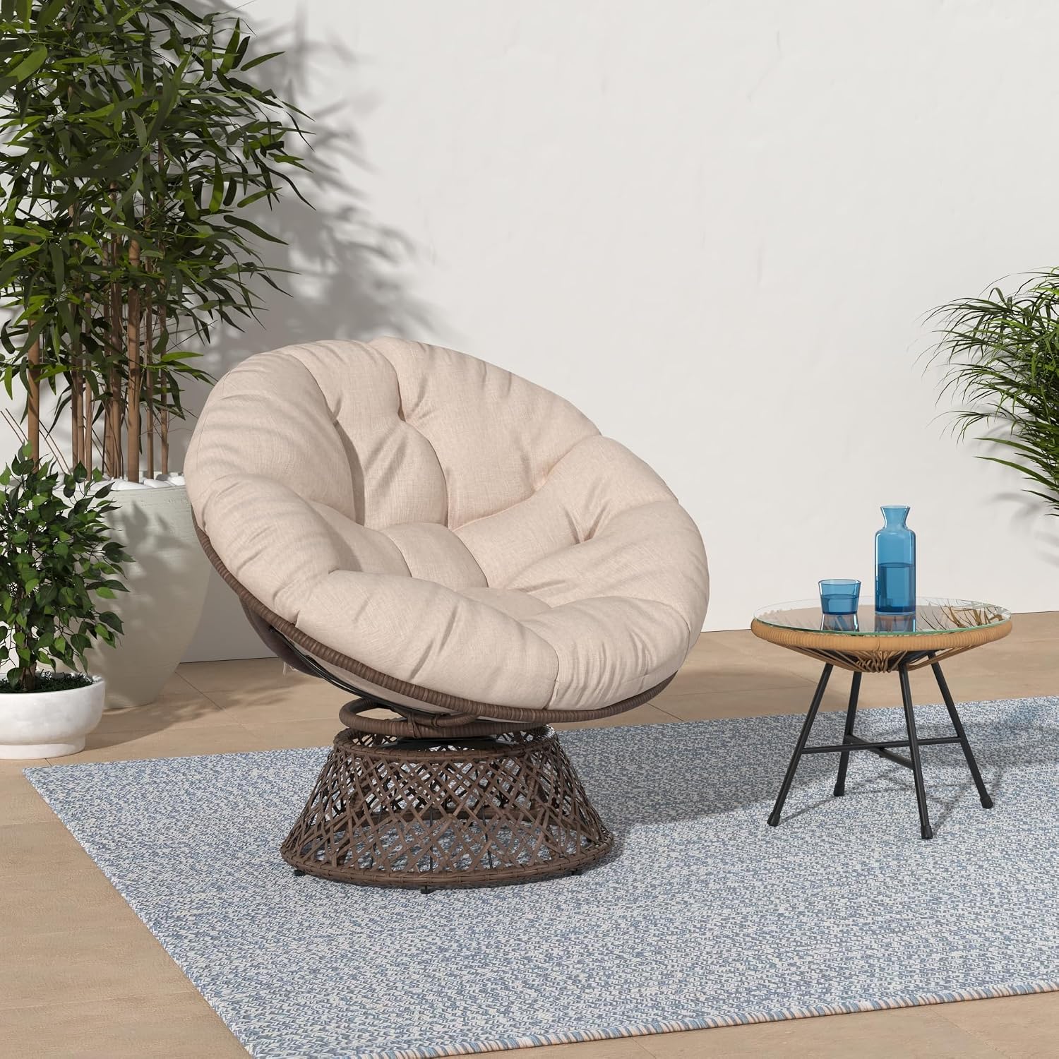 Bme 40' Ergonomic Wicker Papasan Chair with Soft Thick Density Fabric Cushion, High Capacity Steel Frame, 360 Degree Swivel for Living, Bedroom, Reading Room, Lounge, Sepia Sand - Brown Base